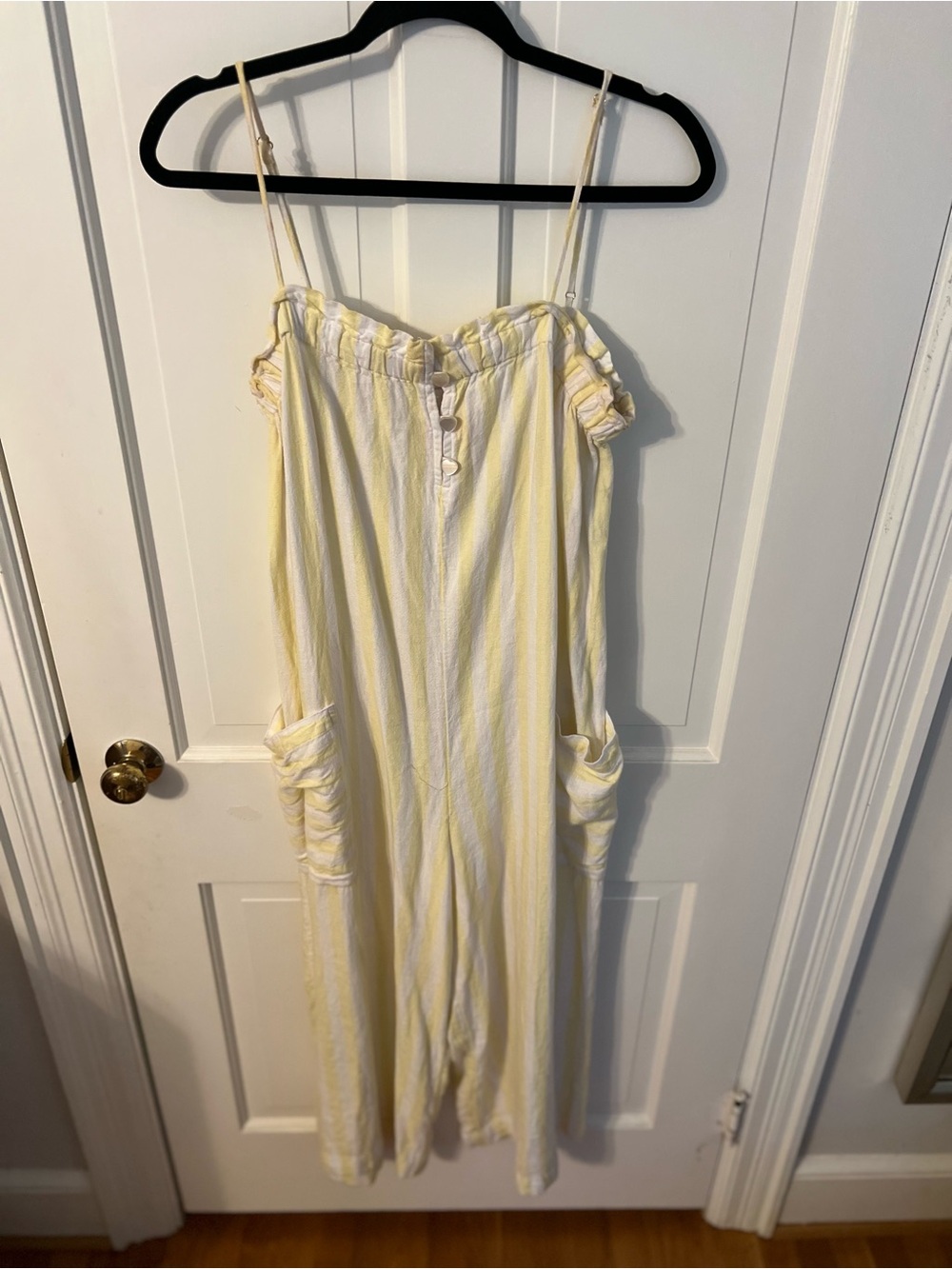 Stoney Clover Lane yellow & white striped, wide legged linen blend romper.